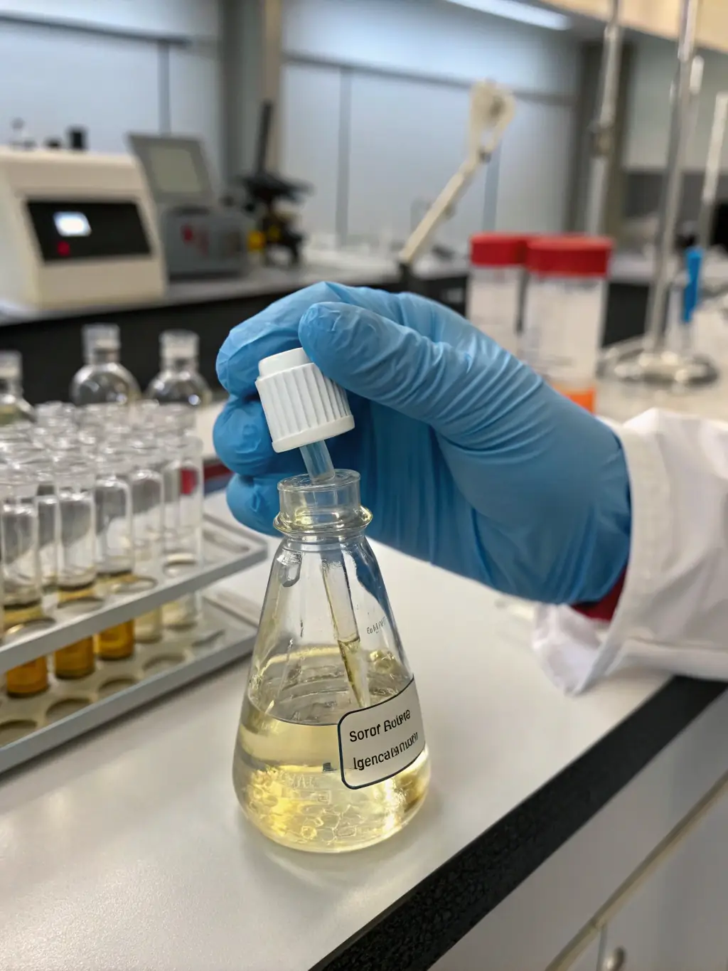 A detailed close-up shot of diesel fuel being tested in a laboratory, highlighting its viscosity and purity.