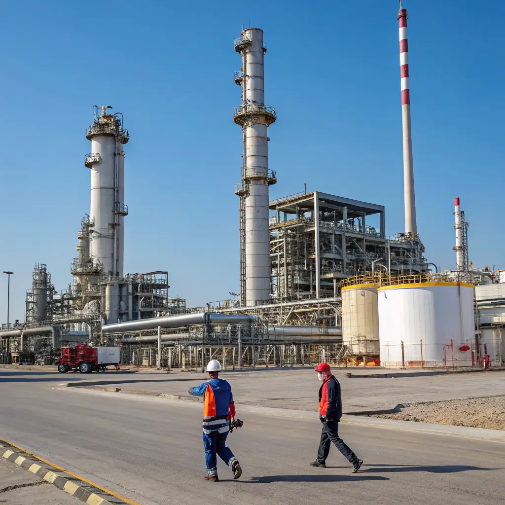 Crude oil being distilled in a refinery tower, separating it into different components.