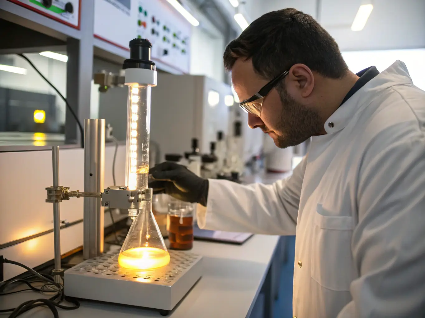 A close-up shot of a petroleum product sample being tested in a laboratory, showcasing the precision and attention to detail in the quality control process.